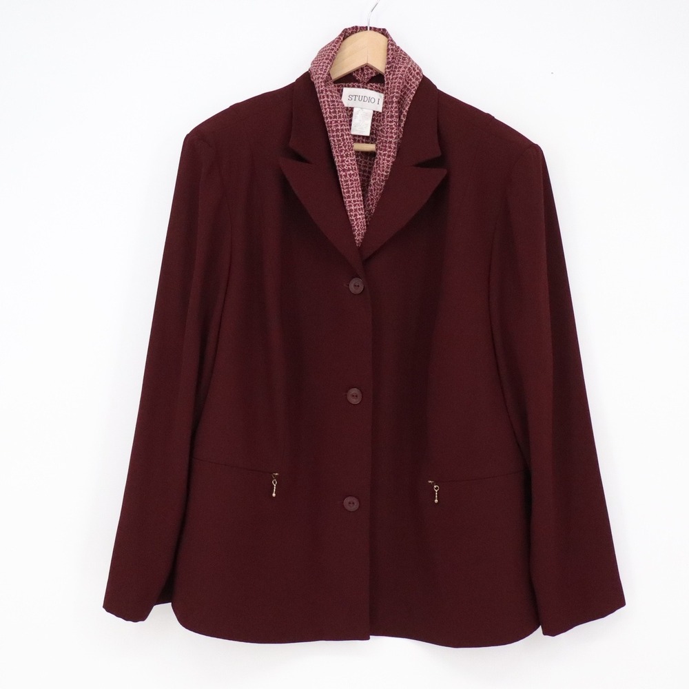 Studio I Dress Suit Set Women's 20W Burgundy Blazer Shift Dress Scarf